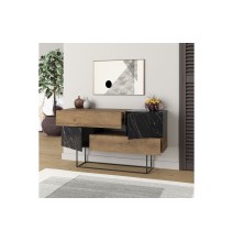 Buffet Moderno con Acabado en Mármol Negro y Madera, 145x40x82 cm, Patas Metálicas