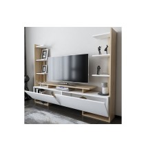 Mueble TV de Roble y Blanco, 183,6x31,5x140cm, con 2 Puertas Abatibles y Múltiples Estantes – Mueble de salón completo Moderno.